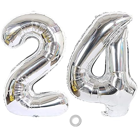 Ceqiny 40 Inches 24th Number Balloon Mylar Balloon Giant Balloon Alphabet Foil Balloon for Birthday Party Wedding Bridal Shower Engagement Photo Shoot Anniversary Decoration, Silver Digit 24 Balloon Cover