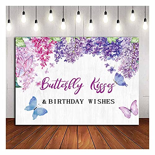 Purple Flower Butterfly Kisses and Birthday Wishes Theme Photography Backdrops Floral Garden Butterfly Birthday Party Photo Background Cake Table Banner 5x3ft