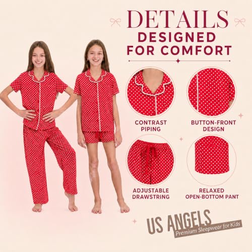 Image of US Angels Girls Pajama Set 3 Piece, Short Sleeve Button Down PJs with Shorts & Pants, Soft Sleepwear Girls & Tweens Size 5-16