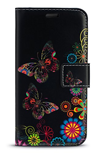 London Gadget Store Case Compatible with Vodafone Smart First 7 - New Bright Printed Wallet Case Cover Creative Fresh Pattern Design with Integrated Stand - Black Butterfly