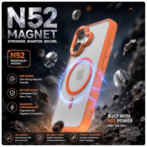 Image of Pikkme Back Cover for iPhone 16 | Shockproof | Mag-Safe Compatible | Hard Transparent Back | Premium Raised Camera Protection | Bumper Case (Orange Mag-Safe)