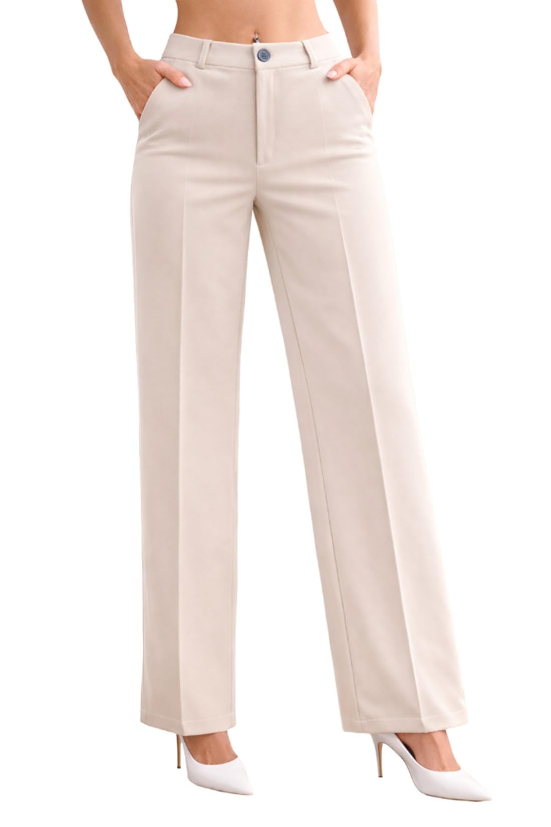 Women's High-Waisted Wide-Leg Pants - Beltless Trousers with Pockets, Solid Color Trousers Suitable Korean Style Office & Casual Wear-image-5