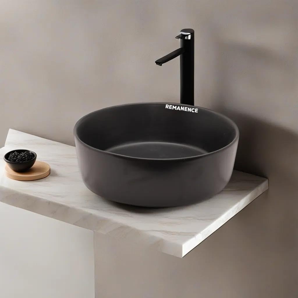 REMANENCE Round Countertop Wash Basin | Designer Table Top Bathroom Basin Sink | Vessel Sink Wash Basin Over Counter for Bathroom, Hotel, Home Living Room (12.5 x 12.5 x 5 Inch) (Cream Maroon) 2