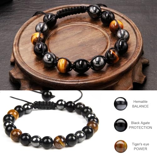 2PCS Triple Protection Bracelet, Tiger Eye Bracelet for Men and Women Black Hematite and Obsidian 10mm Crystal Beads Bracelet Handmade Gifts for Luck Prosperity4