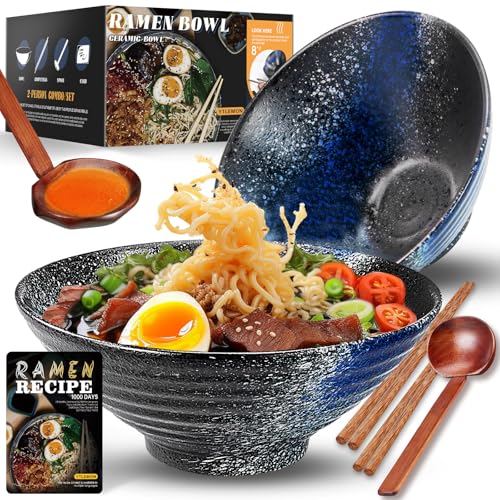 8 Zoll Keramik Große Ramen Schüssel 2 Set(9-Teilig) - Spülmaschinenfest Japanisches Porzellan Geschirr mit Gabel Essstäbchen Löffel und Rezepte für Nudeln Suppen Getreide Geschenke für neuen Häusern