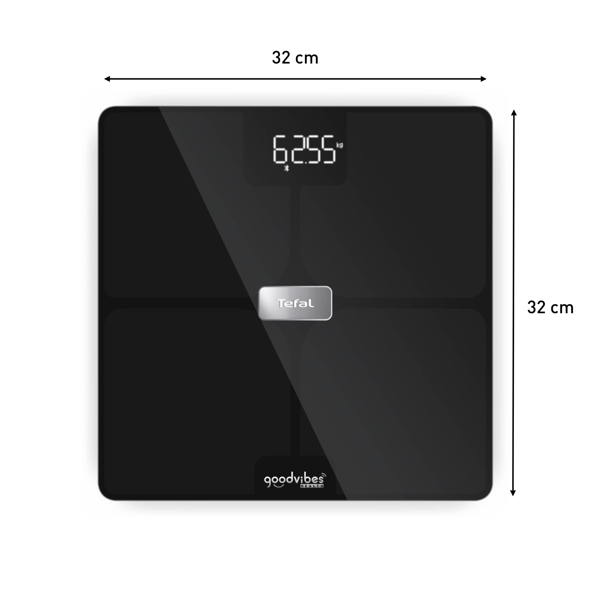 Tefal Goodvibes Health Balance conectado, 14 indicadores corporales, aplicación conectada, número ilimitado de usuarios, capacidad de 180 kg y bandeja de cristal 32 x 32 cm, negro BM9670S1