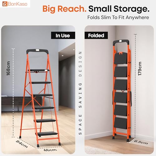 Image of BonKaso Climb Easy 6 Step Heavy Duty Foldable Steel Kitchen Ladder for Home, Office & Outdoor Use with Anti-Slip Wide Steps, Support Handle & Tool Tray (Orange & Black)