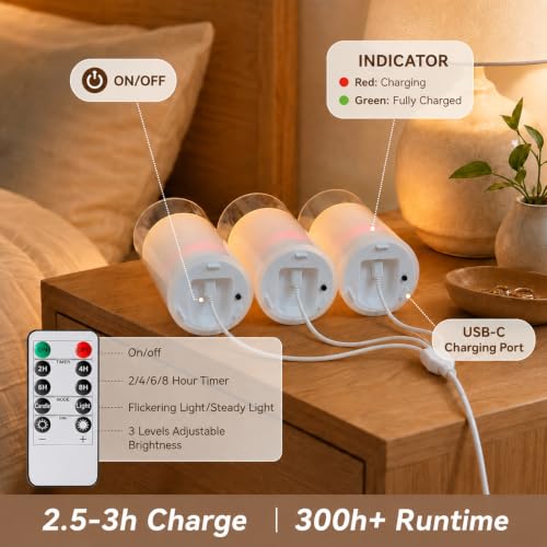 Image of Lezonic Rechargeable Flameless Glass Pillar Candles Set of 3, White Real Wax LED Type-C USB Electric Battery Operated Candles with Remote Timer, Flickering Long Lasting for Bedroom Living Room Decor