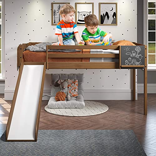 Naomi Home Cindy Kids Loft Bed With Slide, Twin Loft Bed With Slide, Toddler Loft Bed With Slide, Loft Bed Slide With Ladder, Chalkboard, Pine Wood Space Saving Kids Bed Frame For Boys, Girls, Latte #TOP4