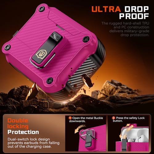 Image of Inesore for AirPods AirPods Pro 1st /2nd Case with Secure Lock (Rose red) | Phone Stand Design,Compatible with MagSafe,Automatic Snap Switch Secure Cover Carbon Fiber Texture with Cleaner Kit