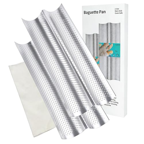 Logario Baguette Pan Set of 2 with Proofing Cloth Nonstick Perforated French Bread Baking Pan 2-Slot Carbon Steel Sourdough Baguette Tray Food-Grade PFOA-Free Oven Safe for Homemade Artisan Bread
