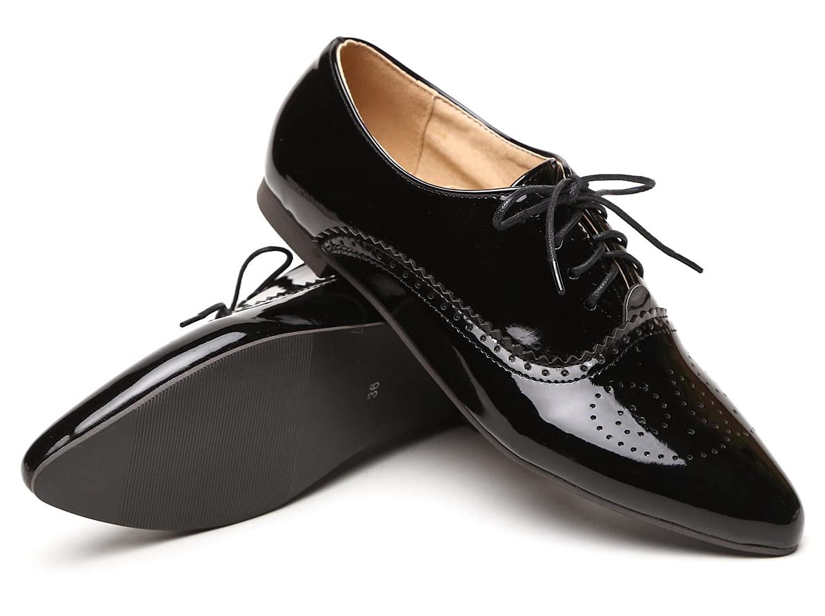 KOKOMOMO Womens Wingtip Patent Leather Lace Up Oxford Flats Pointed Toe Vintage Brogue Shoes