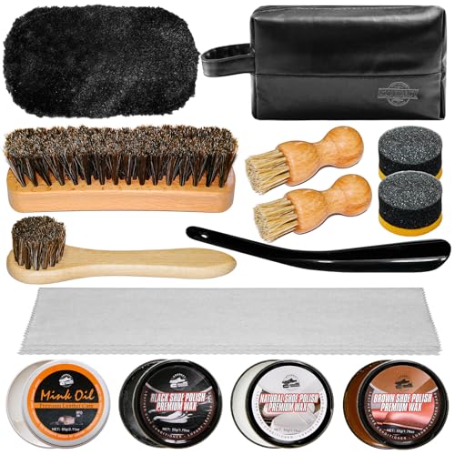 Leather Shoe Shine Kit for men-16 PCS Shoe Polish Kit Black Brown Neutral Shoe Wax,Mink Oil and Buffing Cloth for Boots Care