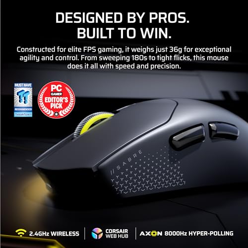 Corsair Sabre v2 PRO Ultralight FPS Wireless Gaming Mouse – 33,000 DPI, 36g Weight, 8,000Hz Hyper-Polling, Mechanical Switches, Up to 70-Hour Wireless Battery Life, Web Hub – Black view 2