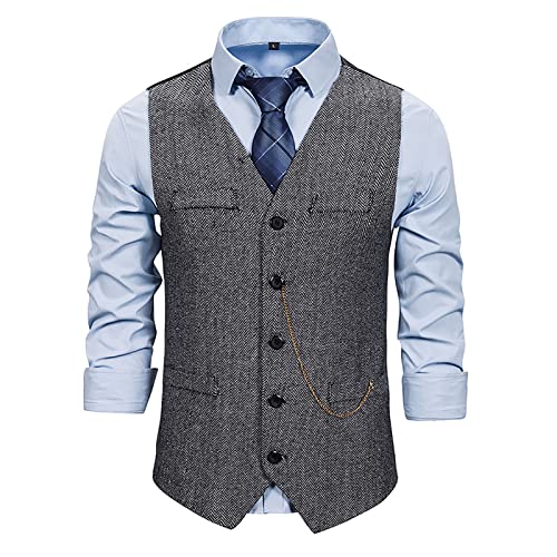Men's Herringbone Tweed Suit Vest Casual Wool Blend Waistcoat Slim Fit Business Vests Fashion V Neck Blazer Jackets