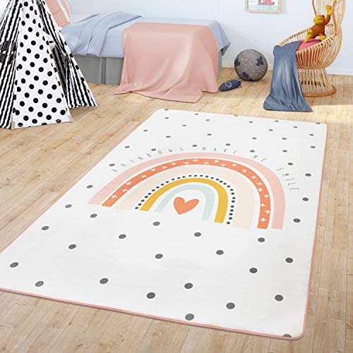 TT Home Tappeto Bambini Cameretta Tappeto Bebè Arcobaleno Motivo con Design Cuore, Colore:Crema, Dimensione:155x230 cm