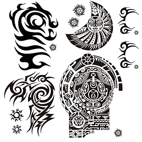 Extra Large Temporary Tattoo Similar The Rock Arm Chest Big Fake Tattoos Sticker, Black Tribal Shark Totem Tattoos, Small Temporary Face Tattoos Set For Men's Rave Party Makeup, 6-Sheet #TOP19