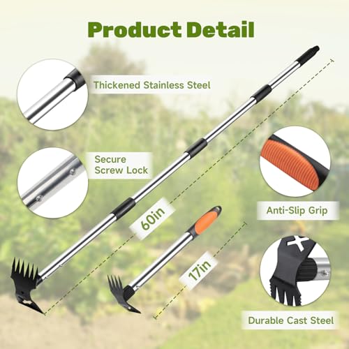 60" Weed Puller Tool with Long Handle and 17" Weeding Tools Gardening Set, Dual Side Hand Weed Rake and Hoe Garden Weeder, Weed Pulling Remover Tool for Yard, Patio, Lawn and Garden Planting (Black) — view 4