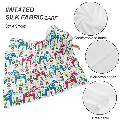 Swedish Folk Art Daleclarian Horse Women's Square Hair Scarves Silk Like Neck Wraps Headscarf Sleeping Kerchief 18"/25"4
