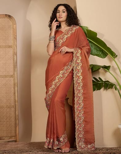 Image of SIRIL Women's Shimmer Georgette Scalloped Border Sequins Embroidery Saree with Unstitched Blouse Piece