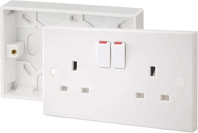 SHP Electrical® 13A Double White Switched Socket & Premium Double Surface Mount 25mm Pattress Box 2 Gang Set Electrical Outlets - Screw Caps Included