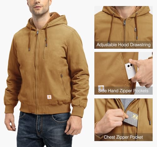 Image of TBMPOY Men's Cotton Work Jackets Flannel Lined Duck Hooded Active Jacket Workwear Winter Coat