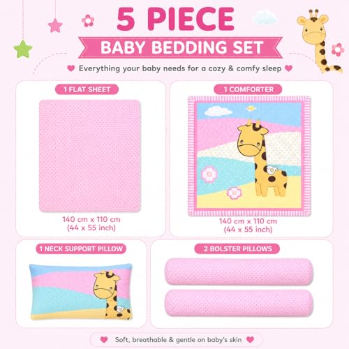 Image of Baby 5 pcs. Bedding Set | Reversible Comforter Blanket & Bedsheet Set for (0-5 Years) | Baby Crib Bedding Set (Light Pink)