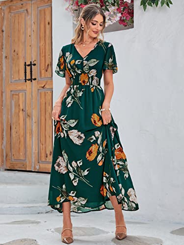 Image of Simplee Women's Boho Floral Maxi Dress Flowy Casual V Neck Short Sleeve Wedding Guest Holiday Beach Long Dress