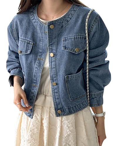 Omoone Women's Denim Jacket Long Sleeve Crop Button Down Collarless Jean Coat with Pocket