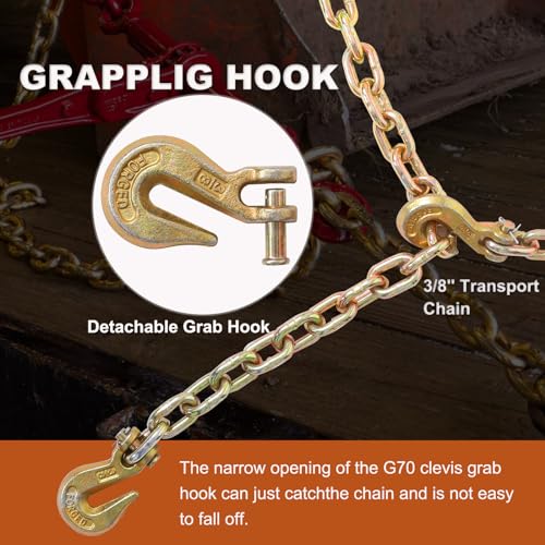 Image of 3 /8 Inch x 20FT G80 Transport Binder Chain Safety /Binder Chain with Clevis Grab Hooks 7,100 lbs Safe Working Load Logging Chain for Transporting Towing Tie Down Binding Equipment, Pack of 2