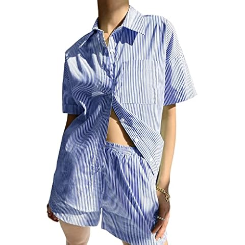 SAFRISIOR Women’s 2 Piece Casual Tracksuit Outfit Sets Stripe Long Sleeve Shirt And Loose High Waisted Mini Shorts Set, D-blue, Medium Cover