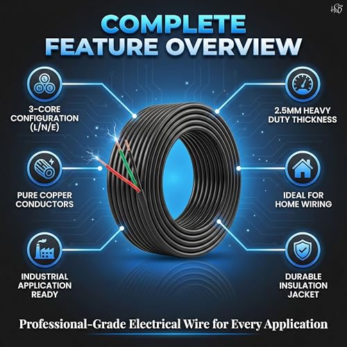 Image of Drumstone 3 Core 2.5 Sqmm Pure Copper Electrical Wire, Flame Retardant Flexible Power Cable for AC, Geyser, Inverter, Power Sockets, Home Wiring & Industrial Electrical Applications