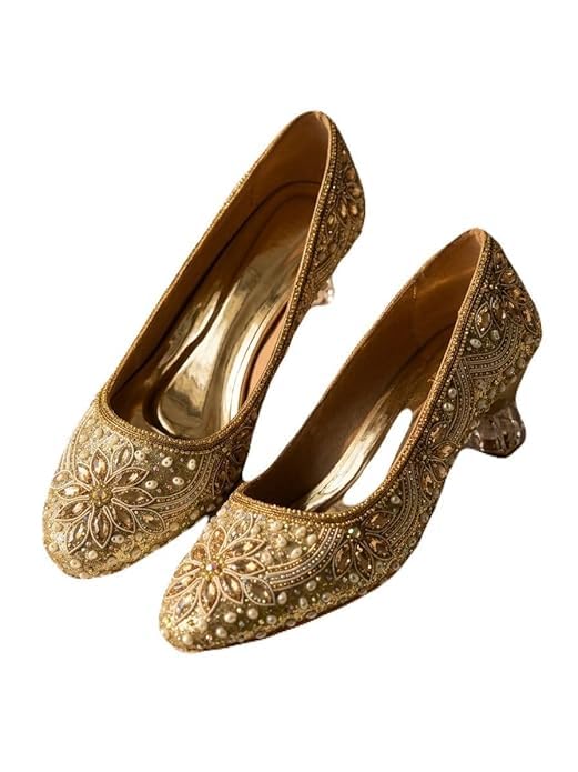 STELLAH Women’s Embellished Gold Festive Heels | Handcrafted Bridal Pointed-Toe Pumps with Pearl & Stone Work | Transparent Designer Block Heel | Elegant Party & Wedding Footwear,-image-3