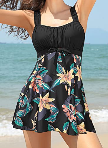 Shekini Women's Retro Ruched One Piece Swimdress Floral Skirtini 1 Piece Swimsuit Bathing Suit (Black Printed, X-Large) #TOP3