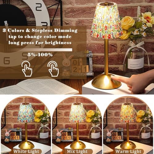 Image of Liliful 2 Pcs Cordless Table Lamp Rechargeable Touch LED Small Gold Portable Battery Operated USB-c Desk Lamp 3 Color Dimmable for Bedroom Living Room Dining (Gold,Floral Style)