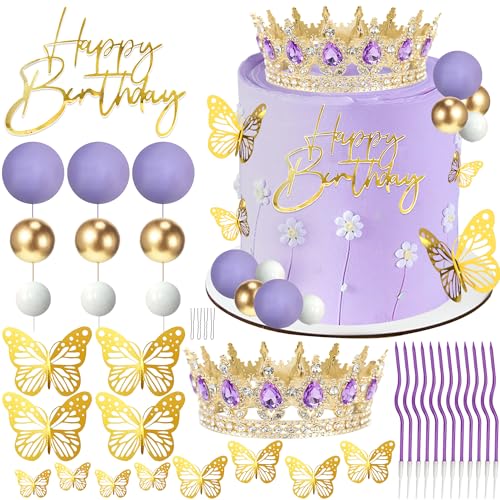 AMZVALU Crown Cake Topper, Balls Happy Birthday Cake Topper Purple Crown Birthday Candles Gold Butterflies, Corona Para Pastel, Cake Decorations for Birthday Wedding (Gold, Purple)