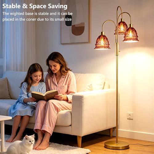 Image of 3-Light Modern Glass Floor Lamp with Deep Red Glass Shades, 70 inch Dimmable Tall Standing Lamp with 3000K Warm White Bulbs for Wedding /Party, Gold Tree Pole Lamp for Living Room Bedroom Home Office