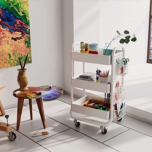 DESIGNA 3-Tier Rolling Cart, Utility Cart with Handle, Extra 3 Storage Accessories, Removable Pegboard, Easy Assembly Craft Carts for Kitchen, Bathroom, Office, Metal, White