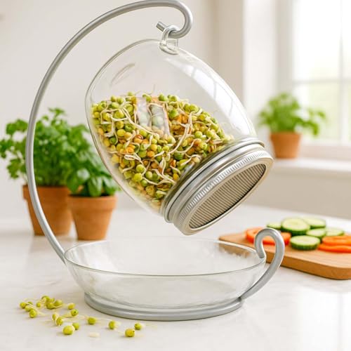 Premium Sprouting Kit Includes Unique 30 oz Wide Mouth Sprouting Jar, Stand, Tray and Sprouting Lid | Decorative Indoor Seed Sprouter and Germinator (1 Kit)
