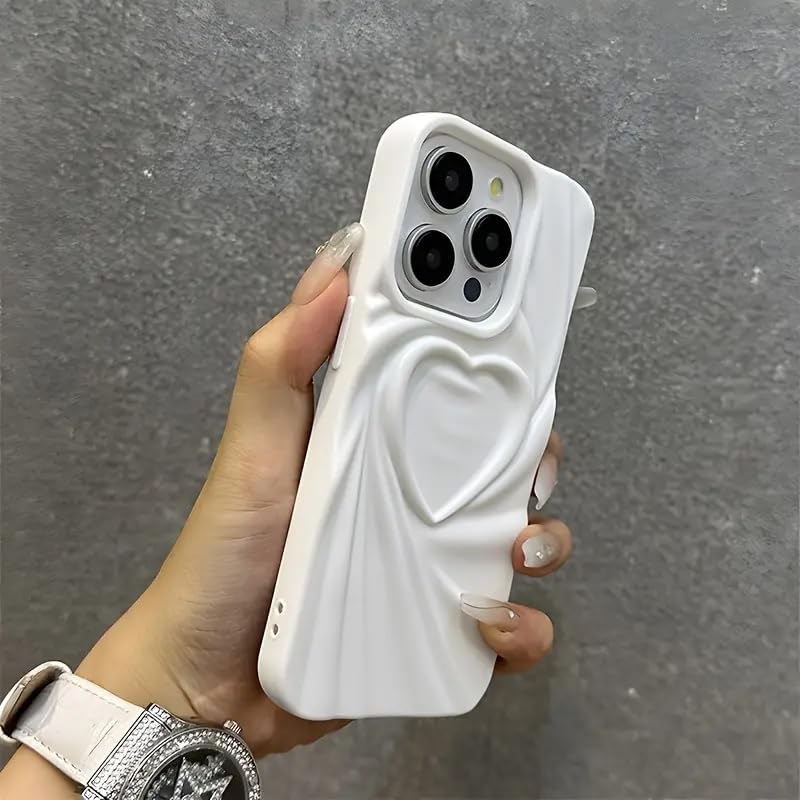 Image of COVERLY Heart Shape Design Back Case Cover for iPhone 14 Plus | Embossed Wrinkle Cute Silk Pattern | Love Trendy Matte TPU | Soft Silicone Fashion Aesthetic Cover for Girls & Women (White, Shockproof)