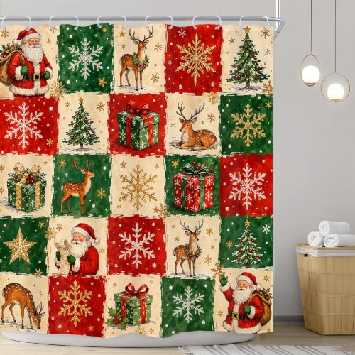 Image of Merry Christmas Shower Curtain Green Red Santa Deer Plaid Bathroom Decor