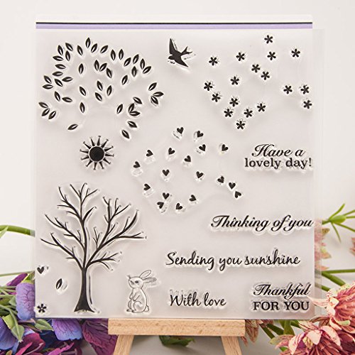 Shoresu Trees and Rabbit Clear Stamps Sheets Transparent Silicone Seal for DIY Scrapbooking Craft Card Photo Album Decorative 15Ã—15cm/5.91Ã—5.91in