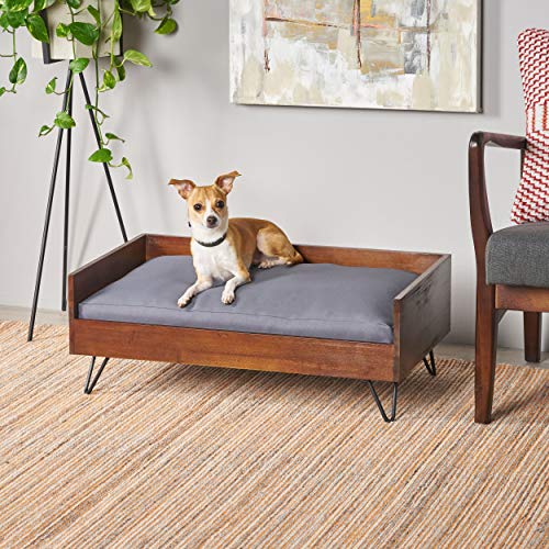 GDFStudio Mid Century Modern Pet Bed with Acacia Wood Frame, Dark Oak and Dark Gray