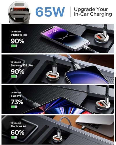 Image of DR VAKU ESSENVOLT 65W Car Charger Fast Charging Dual Port Type C PD PPS 65W+18W QC 3.0 USB Car Mobile Laptop Adapter for iPhone 17 /16 /15 /14, Samsung All Series, Tablets, & Android Smartphones- Grey