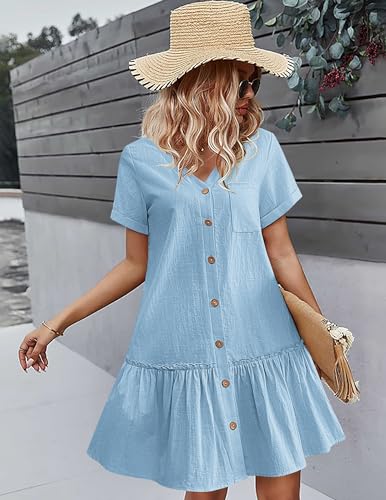 Image of HOTOUCH Women Button Down Dress Loose Summer Cotton Linen Dress Ruffle Hem Casual Dress Short Sleeve Tunic Dress