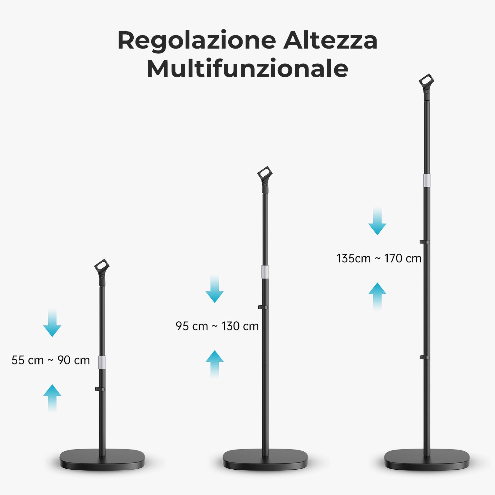 Supporti per microfoni, Asta Microfono con Base Ponderata Compatta + 2 Clip Universali, Altezza Regolabile da 55cm a 170cm per Karaoke Domestico, Spettacoli Stradali e Performance sul Palco