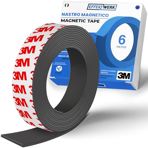 EFFEKTWERK Rotolo di nastro magnetico (6 metro), strisce magnetiche extra spesse e larghe con forte supporto autoadesivo, facile da tagliare e attaccare su superfici piane