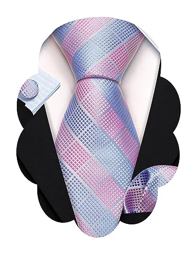 Image of Barry.Wang Plaid Ties Check Mens Necktie Set with Handkerchief Cufflinks Classic Stripe