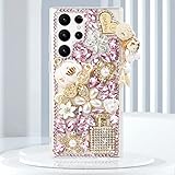 Guppy for Galaxy S23 Ultra Bling Case, 3D Bling Shiny Rhinestone Diamond Crystal Pearl Handmade Pendant Iron Tower Pumpkin Car Flowers Soft Protective Anti-Fall Case for Galaxy S23 Ultra(Pink)