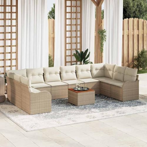 QJBSAVVA Gartenlounge 11-teiliges Modularsofa 55x55x37 cm Poly-Rattan Akazienholz Beige Weiß Modernes Design, verstellbare Füße, UV-beständig für Garten Balkon Terrasse